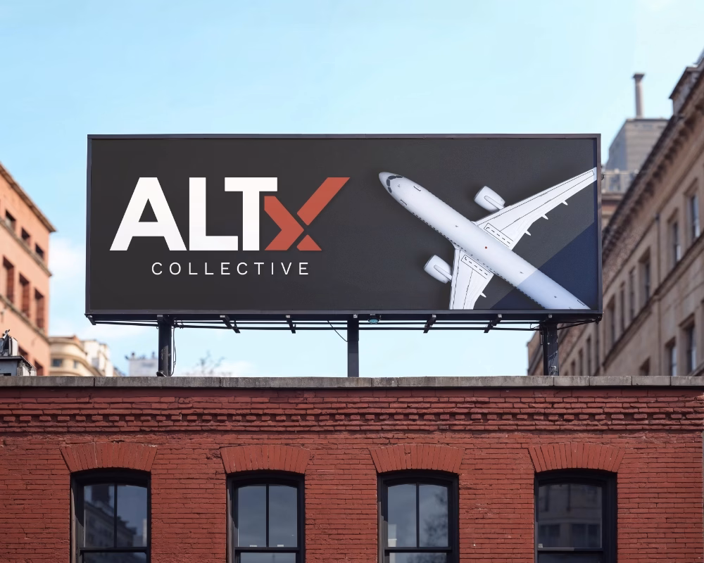 ALTx Collective billboard branding design featuring private jet imagery