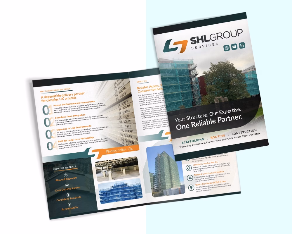 SHL Group brochure design for construction and scaffolding company